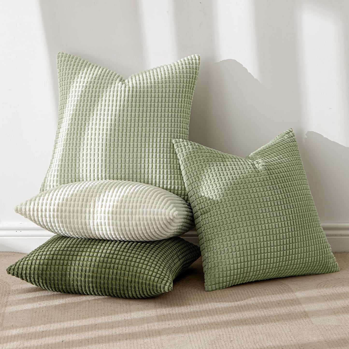 MIULEE Modern Farmhouse Decorative Spring Pillow Covers 20x20 Inch Set of 4 Natural Rustic Throw Pillows Neutral Warm Soft Corduroy Couch Pillowcases Home Decor for Sofa Living Room Bed Light Green