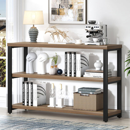 EXCEFUR 47 Inch Rustic Oak Wood Entryway Table, Modern Sofa Table Behind Couch for Living Room, Console Table with 3 Tier Shelves, Foyer Hallway Table with Storage