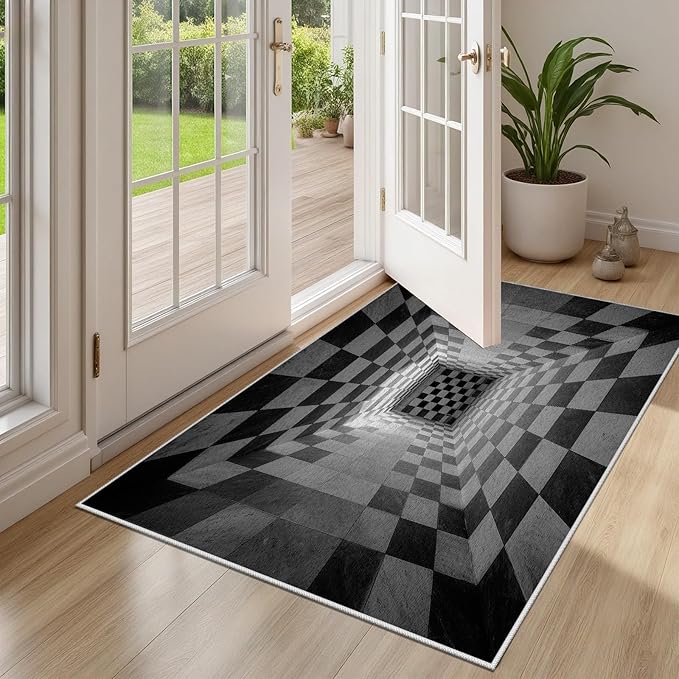3D Rug 3x5, Plaid Soft Ultra Soft Faux Wool Low Pile Optical Illusion Rug, Indoor Floor Mats Abstract Geometric Carpet, Non-Slip Stain Resistant Washable Rugs, Modern Gray Rugs for Living Room