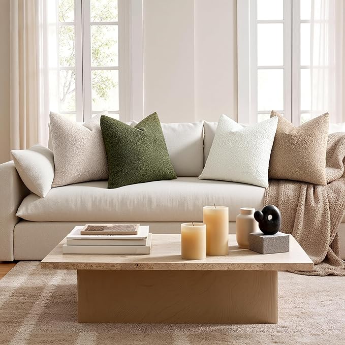ANRODUO Pack of 2 Textured Boucle Throw Pillow Covers Soft Moss Green Decorative Accent Solid Pillow Cases Cozy Modern Couch Cushion Case for Sofa Bedroom Living Room Spring Home Decor, 18 x 18 Inch