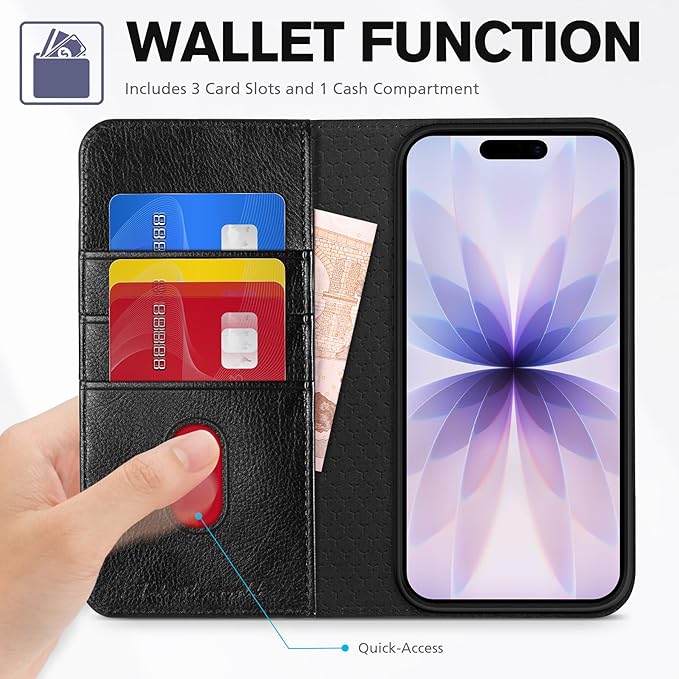 TUCCH Case Wallet for iPhone 17 (6.3") 2025, RFID Blocking, 3 Card Holders, Kickstand, PU Leather, Protective Flip Folio Cover, TPU Shockproof Interior Shell, Textured Black