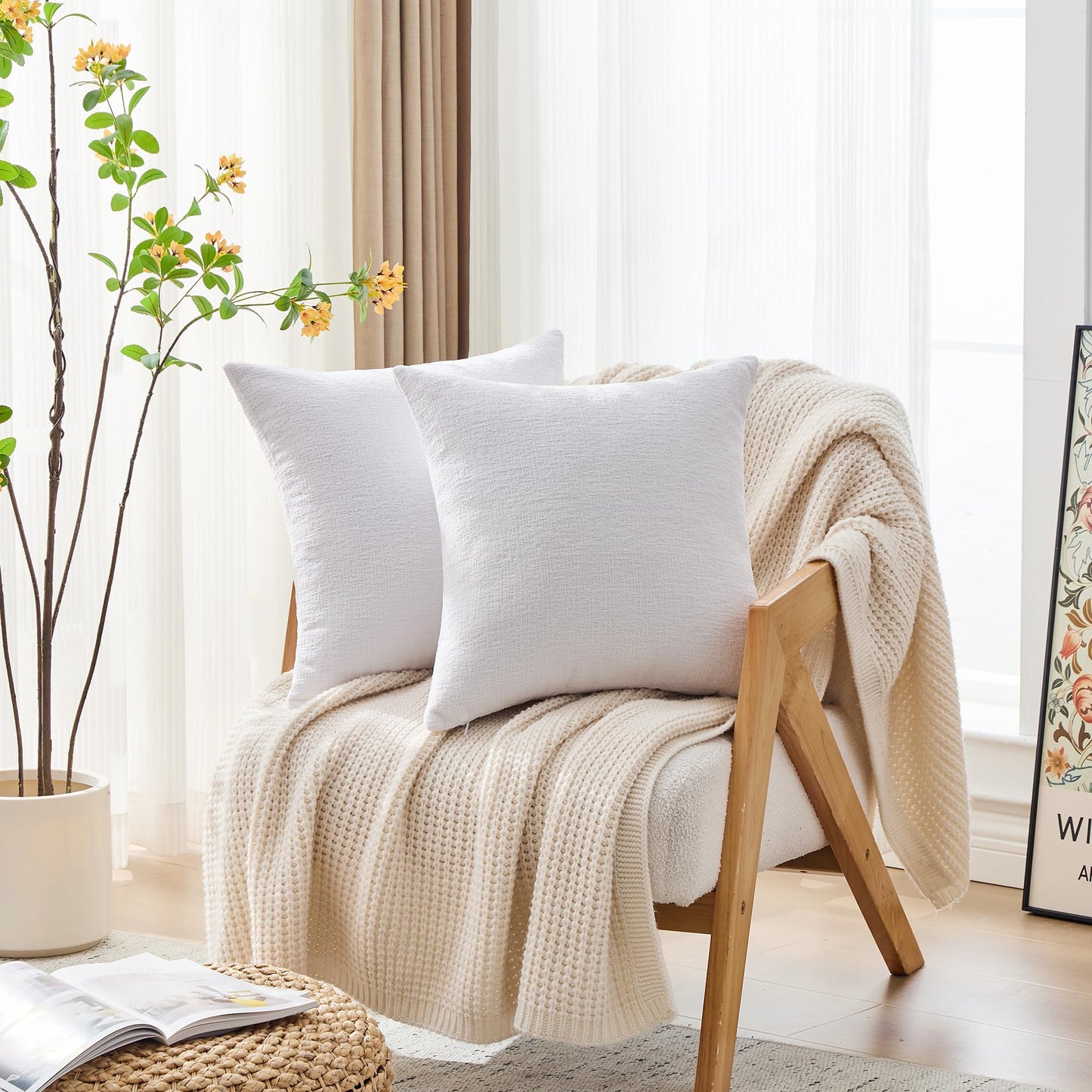 GAWAMAY Set of 2 Soft Textured Chenille Throw Pillow Covers 18x18 Inch (45x45 CM), Decorative Pillowcases Cushion Covers for Farmhouse Home Decor, Couch Living Room Sofa Bedroom Chair, Bright White