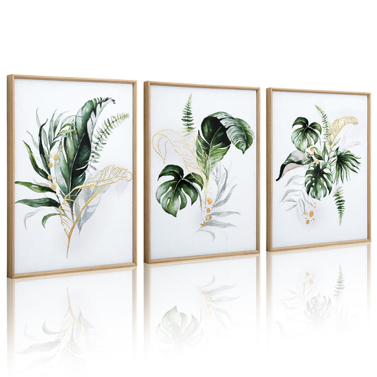 ArtbyHannah Bathroom Framed Wall Art, Botanical Canvas Paintings Wall Decor with Green and Gold Gilded Textured Modern Nature Pictures Plant Prints for Living Room Bedroom (12x16 Inch, Set of 3)
