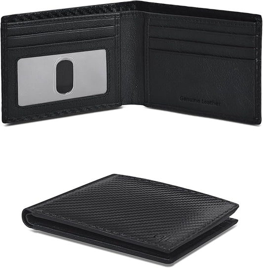 Oak Leathers Slim Leather Wallet for Men - RFID Blocking Slim Minimalist Front Pocket - Thin & Stylish with ID Window, Gift For Men (Small,01Black Carbon Fibre)