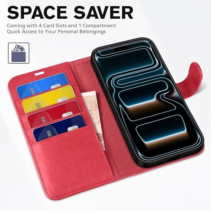 TUCCH Wallet Case for iPhone 17 Pro (6.3-Inch) 2025, RFID Blocking 4 Card Slots | Kickstand | Magnetic Closure | PU Leather | Shockproof TPU Shell | Protective Flip Folio Cover | Red