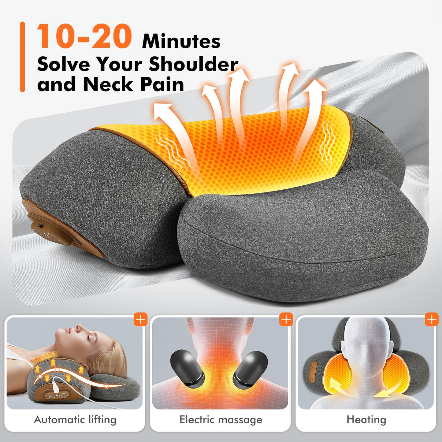 KITCADA Neck Massager Pillow - 3-in-1 Neck Pillow with Battery, Travel Neck Massager Pillow for Shoulder Pain Relief, Deep Tissue Pain Relief with Heat and Stretching, Neck Hump Corrector for Women