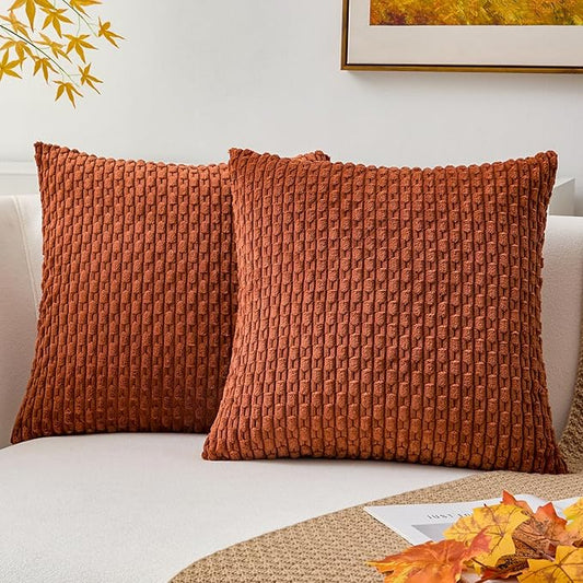 Kevin Textile Fall Throw Pillow Covers Soft Corduroy Decorative Set of 2 Boho Striped Pillow Covers Pillowcases Farmhouse Home Decor for Couch Bed Sofa Living Room 18x18 Inch Rust Brown