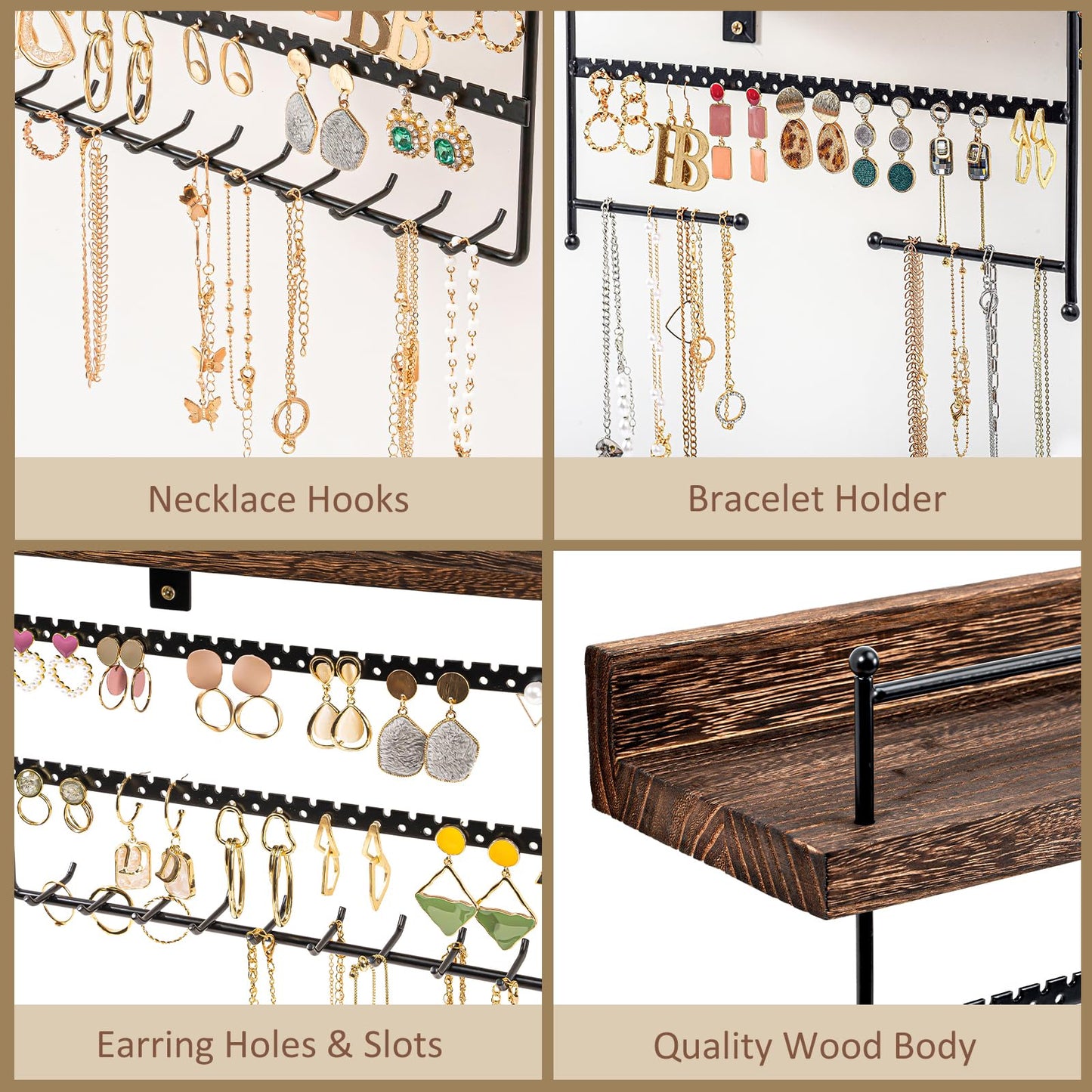 Lolalet Hanging Jewelry Organizer Wall Mount with Earrings, Bracelets, Necklaces Hooks - Easy Install Free Combination Jewelry Holder for Wall Bathroom - Set of 2, Brown