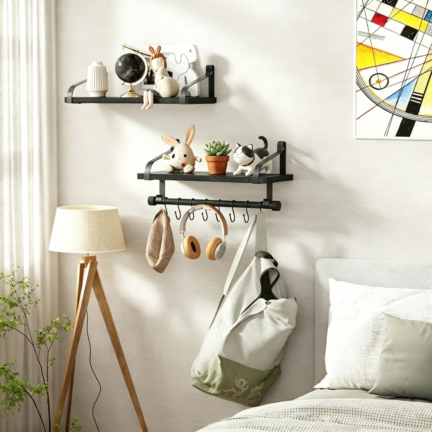 Love-KANKEI Floating Shelves for Coffee Bar,Bathroom Shelves with Towel Bar, Wall Shelves with 8 Hooks for Kitchen, Storage Shelf Set of 2 for Bedroom,Living Room，17.3 Inch Black