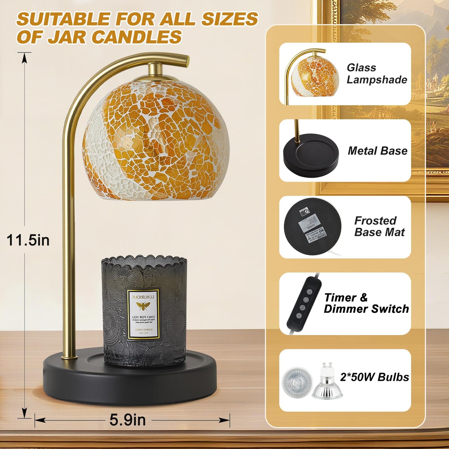 Womens Gifts for Christmas Candle Warmer Lamp, Dimmable Scented Wax Melt Warmer with Timer, Housewarming Gifts for Home Bedroom Decor, Xmas Birthday Gifts for Mom, 2 Bulbs, White+Gold