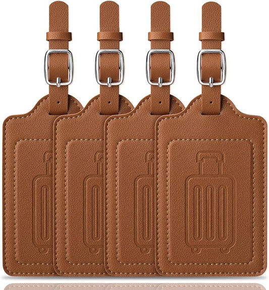Teskyer Luggage Tags for Suitcases, TSA Approved with Privacy Protection Cover, Premium Faux Leather Bag Tags for Travel - 4 Pack, Brown