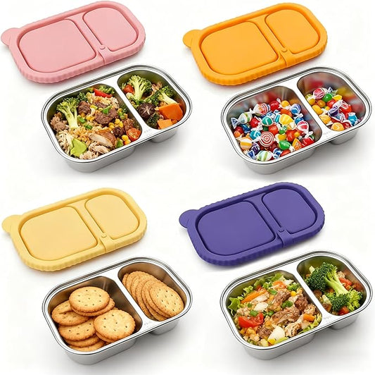 SHRONGZHI 304 Stainless Steel 2-Compartment Snack and Lunch Container with Easy-Open Silicone Lid, Built-In Utensil Clip, Leak-Proof and Stackable Design - Reusable Food Storage Box (SET B, 4 Pack)