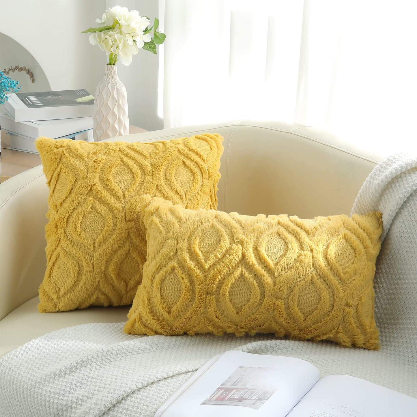 decorUhome Throw Pillow Covers 12x20 Inch Set of 2, Soft Plush Faux Wool Mustard Yellow Solid Couch Pillow Covers, Accent Farmhouse Neutral Rectangle Pillow Cases for Sofa Bed Living Room