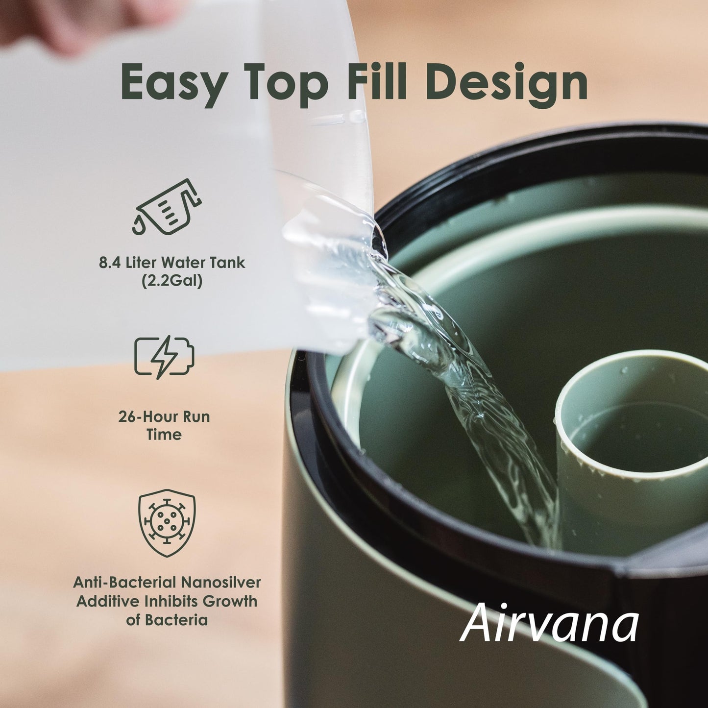 Airvana 2.25 Gallon (8.5 Liter) Top Fill Digital Humidifier with LED Display Screen, Sleep Mode, and Coverage up to 757 Square Feet, AV200HUM Sage