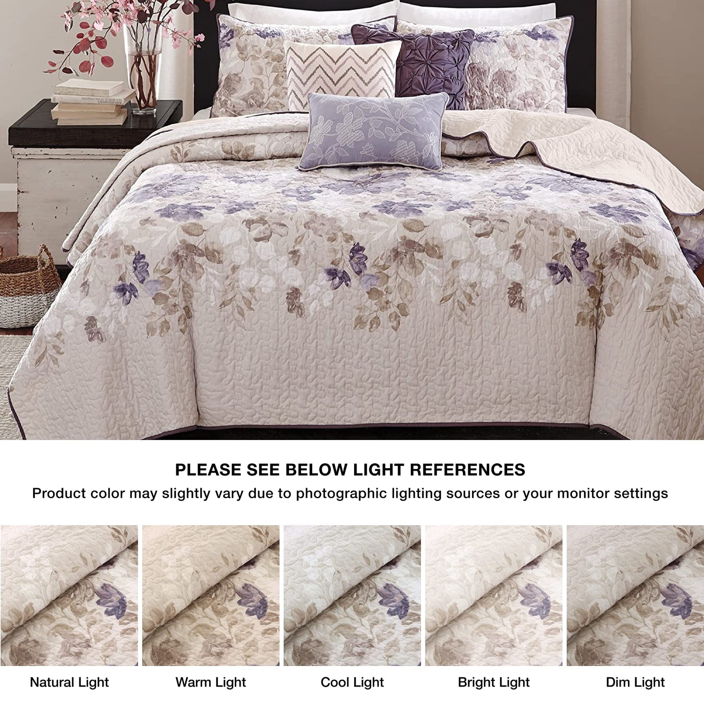 Madison Park Luna Quilt Modern Classic Design All Season, Breathable Coverlet Lightweight Bedding Set, Matching Shams, Decorative Pillow, Full/Queen(90"x90"), Floral Taupe 6 Piece