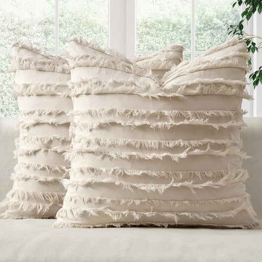 MIULEE Decorative Boho Throw Pillow Covers Set of 2 Spring Neutral Beige Linen Striped Jacquard Pattern Modern Cushion Covers for Sofa Couch Living Room Bedroom 20x20 Inch Home Decor