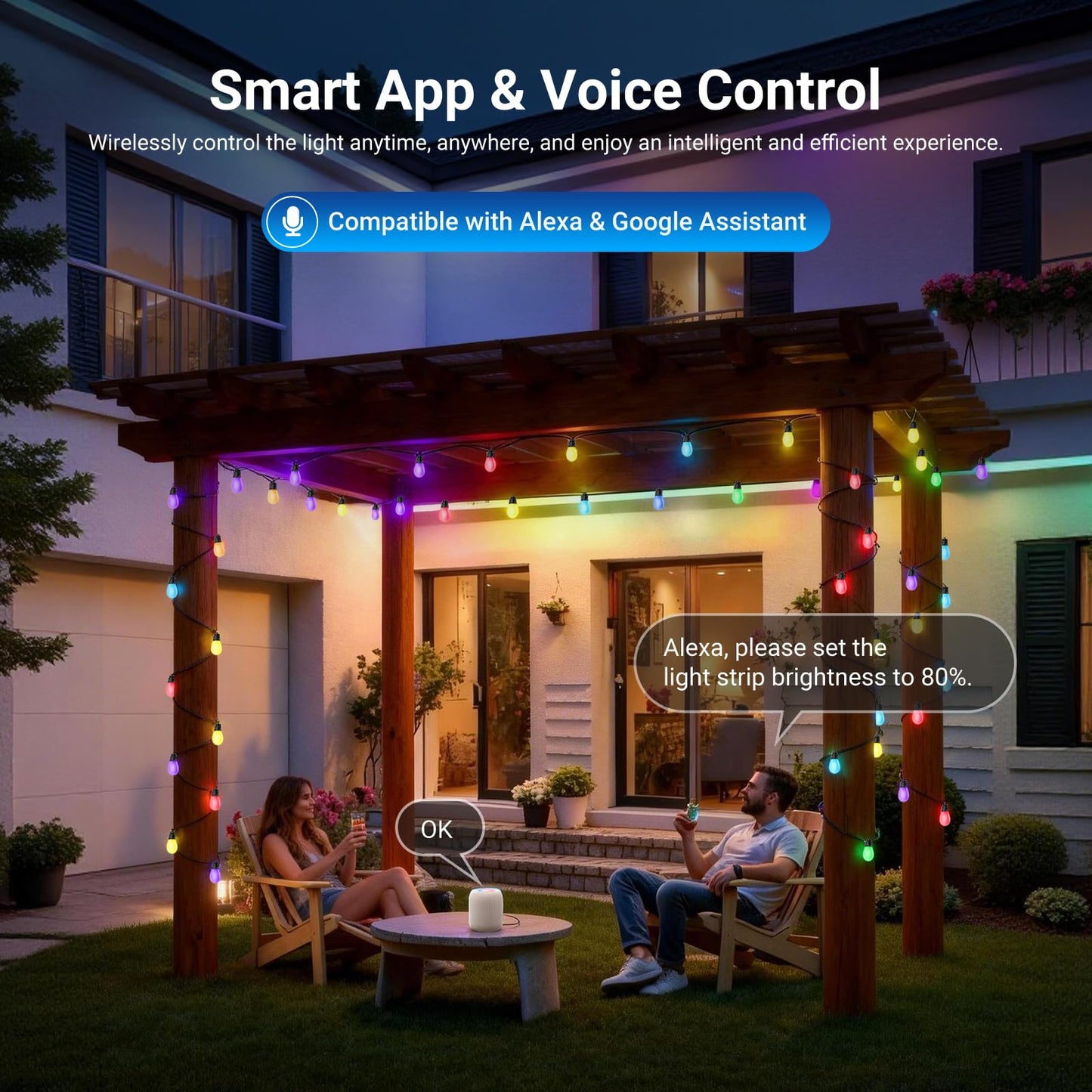 NEEWER 96ft Outdoor String Lights, App Control Smart AI RGBW Hanging Outside Warm White Patio Balcony Backyard Lighting, IP65 Waterproof, 30 LED Bulbs, 50+ Scenes, Compatible with Alexa Google, NR01
