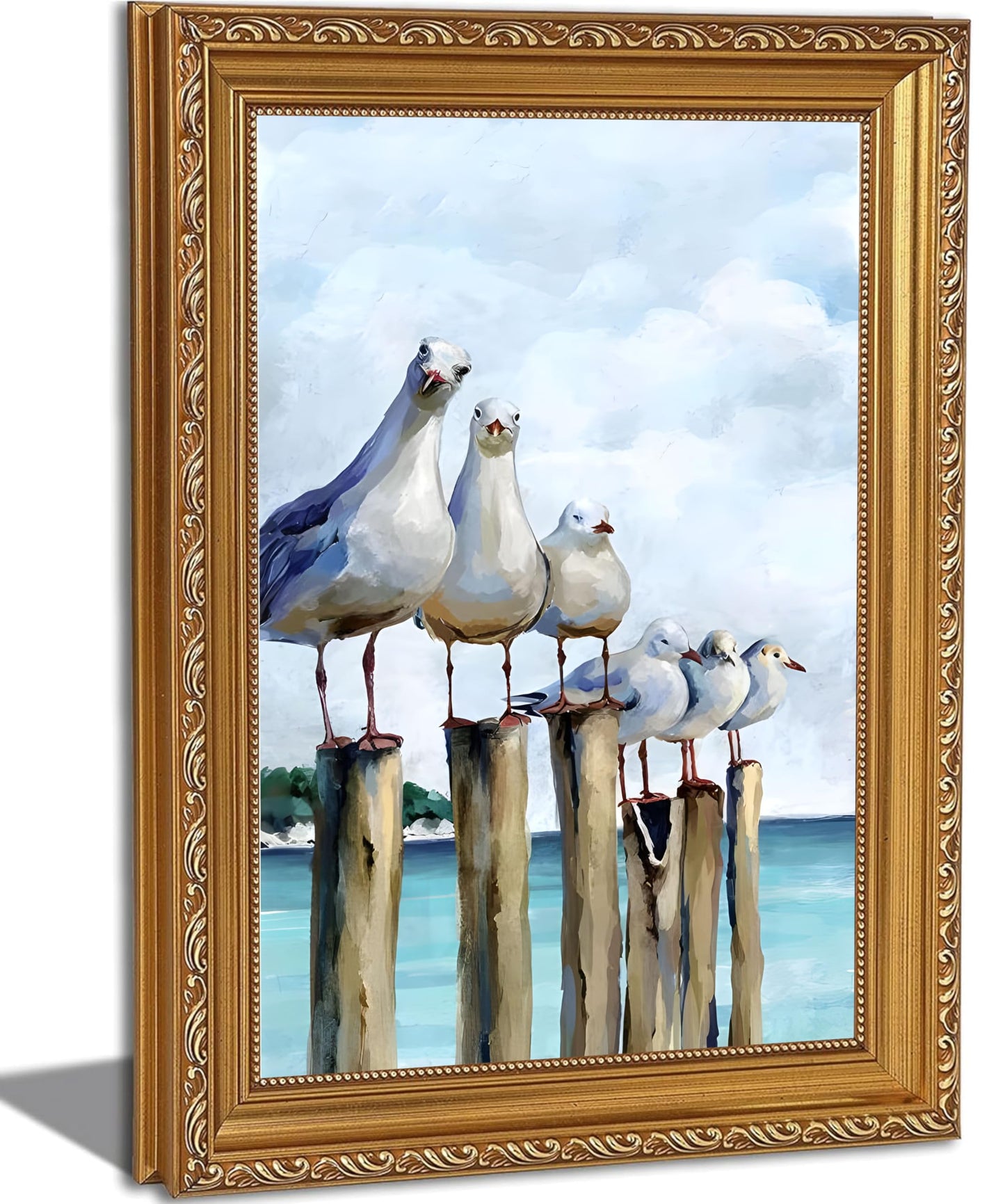 Gold Framed Seagull Canvas Wall Art Coastal Sea Birds Paintings Pictures Wall Decor Teal Ocean Beach posters prints Artwork for Living Room Bedroom Bathroom Home Decoration 9x11in