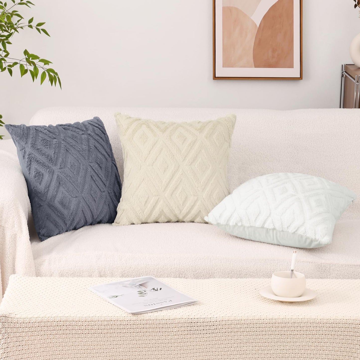 Pallene Summer Cream White Euro Sham Throw Pillow Covers 22x22 Set of 2, Soft Plush Faux Fur Decorative Couch Pillow Covers for Sofa Bed Living Room Pillow Cases with 3D Diamond Pattern
