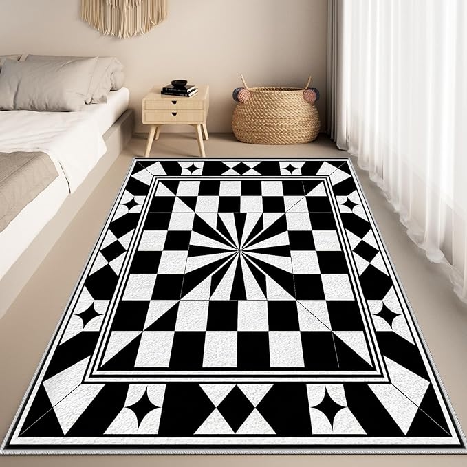 Black and White Checkered Rug, Checkered Rug, Modern Geometric Pattern Carpet, Retro Machine Washable Non Slip Area Rugs, Contemporary Rugs for Living Room/Bedroom 4x6