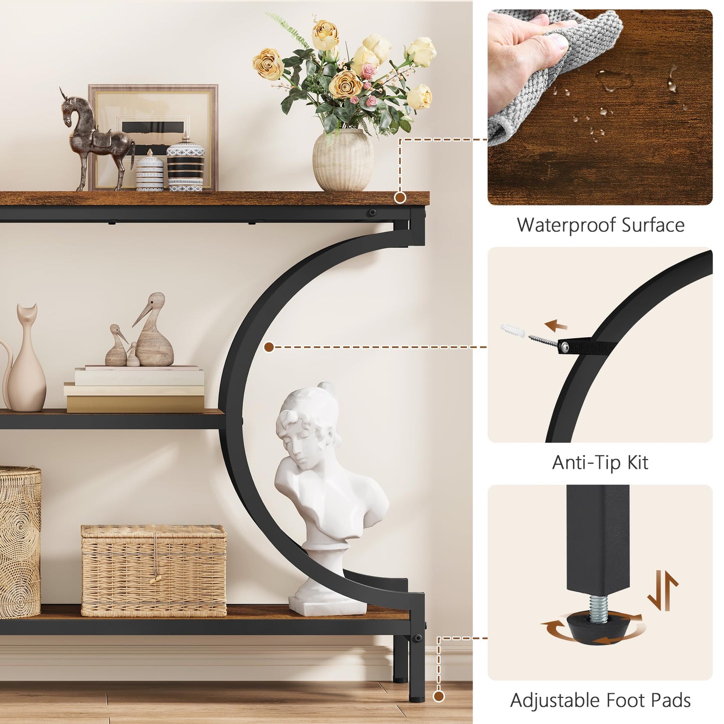 Hoctieon Console Table, 3-Tier Industrial Entryway Table with Storage, Hallway Tables, Narrow Entrance Sofa Tables, C-Shaped Metal Frame, Accent Tables with Shelves for Living Room, Rustic Brown