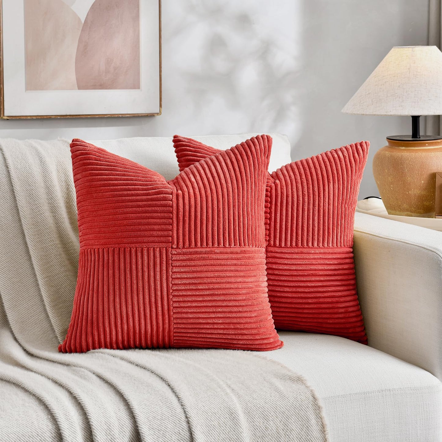 Fancy Homi 2 Packs Red Decorative Throw Pillow Covers 20x20 Inch for Living Room Couch Bed Sofa, Holiday Christmas Home Decor Gift, Soft Corss Corduroy Patchwork Accent Square Cushion Case 50x50 cm