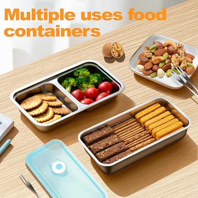 vovoyager Stainless Steel Snack Containers with Lids, Reusable Bento Lunch Container Box, Food Storage, Leak Proof, Dishwasher-Safe, Grab and Go for Work, 2 Single + 2 Double Compartment