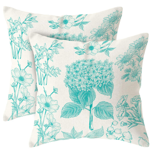 KingMang Vintage Floral Throw Pillow Covers 18x18 Inch Set of 2 Cyan Hydrangea Decor Pillowcase Flower Linen Decoration Cushion Covers for Farmhouse Home Sofa Couch Bed Chair Living Room