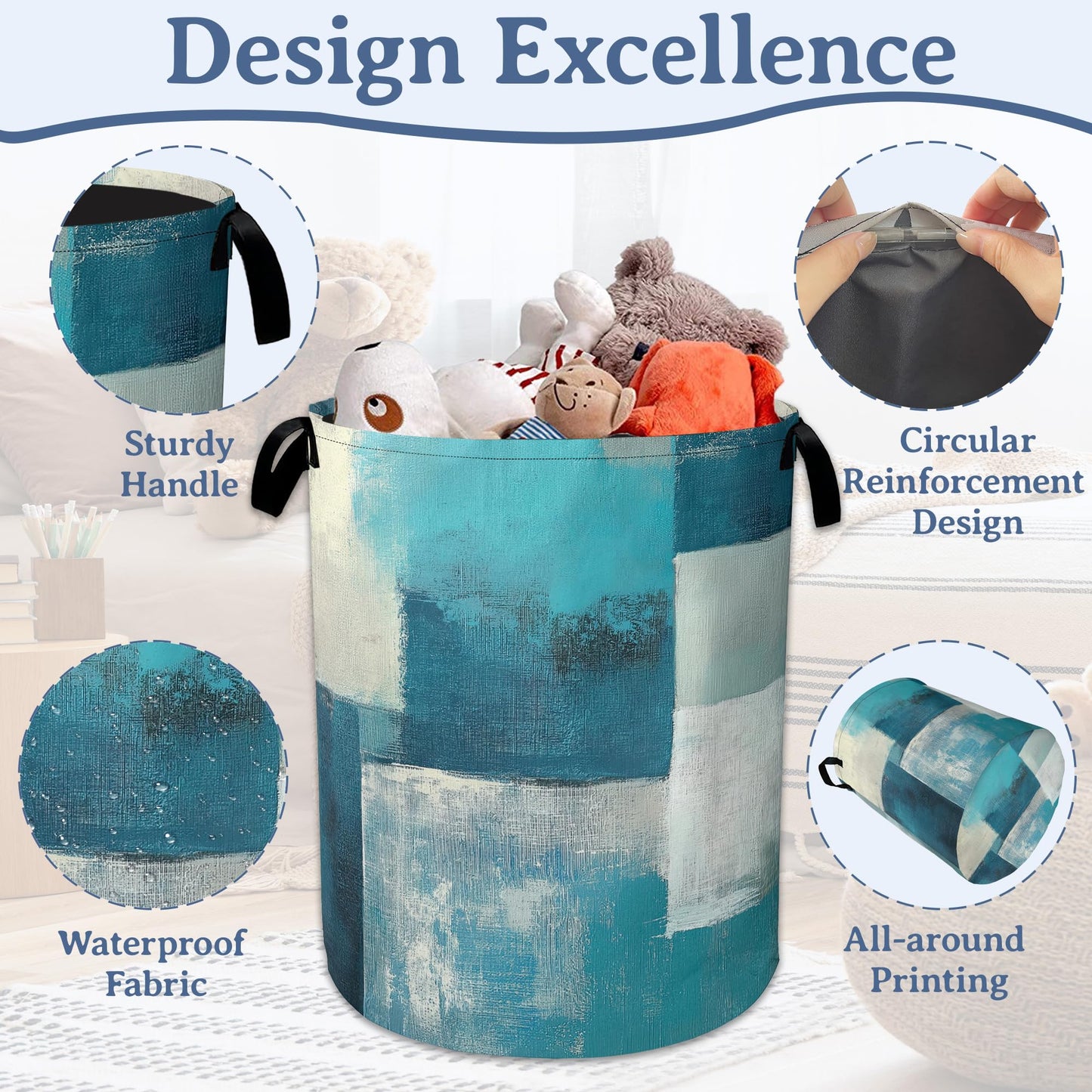 Turquoise Grey Abstract Art Painting Laundry Basket,Foldable Oxford Cloth Geometric Laundry Hamper with Handles, 20.8"x16" Tote Bag Clothes Storage Bucket for Laundry Room/Bathroom/Bedroom/Dormitories