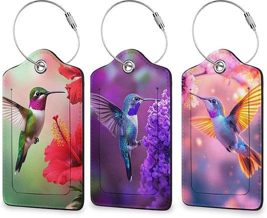 Hummingbird Luggage Tags for Suitcases, 3 Pack Leather Bag Tag Identifiers with Stainless Steel Loop and Address Card for Men Women