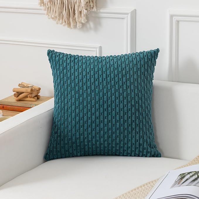 Kevin Textile Throw Pillow Covers Soft Corduroy Decorative Set of 2 Boho Striped Pillow Covers Pillowcases Farmhouse Home Decor for Couch Bed Sofa Living Room 18x18 Inch Teal Blue