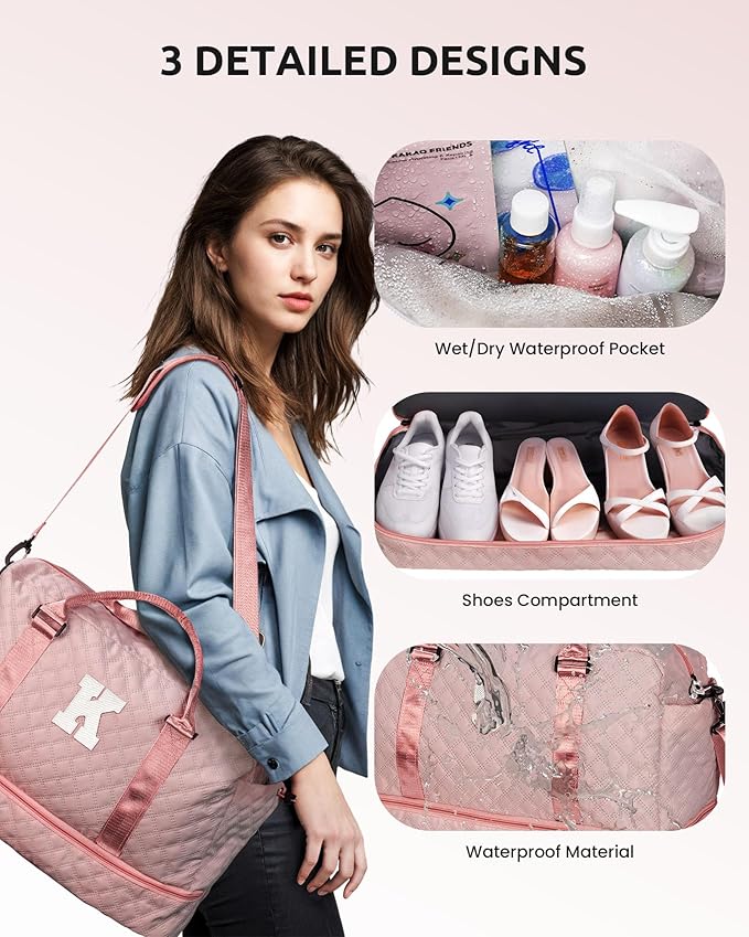 Vogewood Birthday Gifts-for Women-Initial Duffle Bag with Shoe Compartment, Personalized Weekender Bag, Monogram Overnight Bag, Letter Travel Bag with Makeup Bag，Friend Wife Birthday Gift (Letter C)