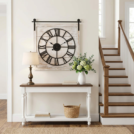 Vintage Barn Door Wall Clock - Distressed White Wash Finish, Large Rustic Farmhouse Wood Clock for Home, Wall and Farmhouse Décor, 24x23.6 Inches