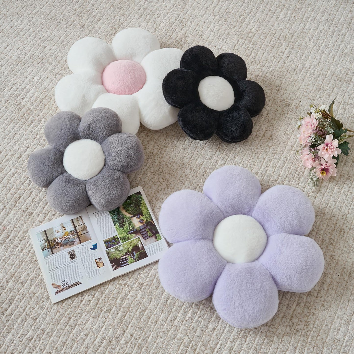 PLAYSKY Flower Pillow, Decorative Throw Pillows for Couch Bed, Cute Daisy Home Decor Flower Shaped Pillows for Bedroom Living Room (Black, 19.6 Inches)