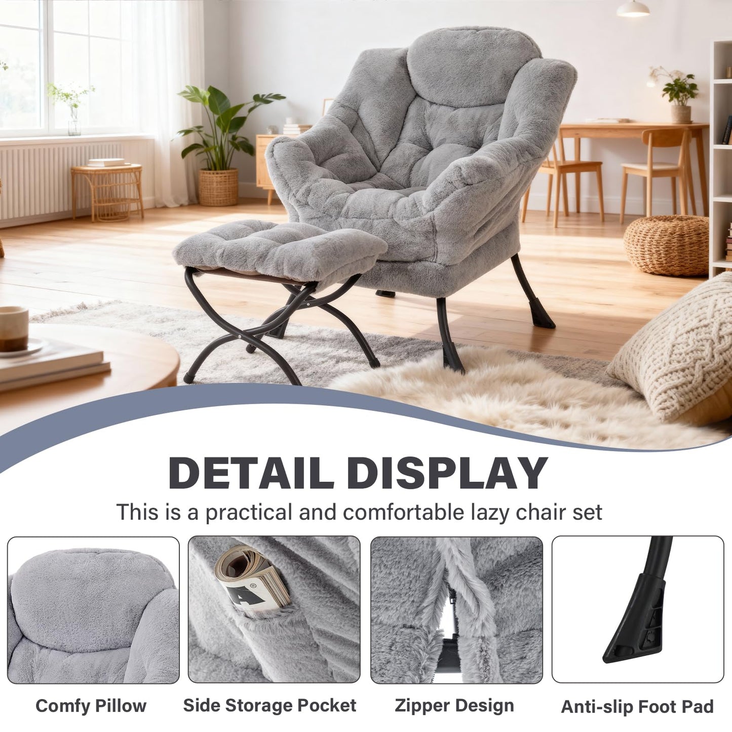 SESHINELL Lazy Chair with Ottoman, Modern Accent Lounge Leisure Sofa with Armrests, Reading Chair and Folding Footstool for Living Room, Bedroom, Office, Plush Grey