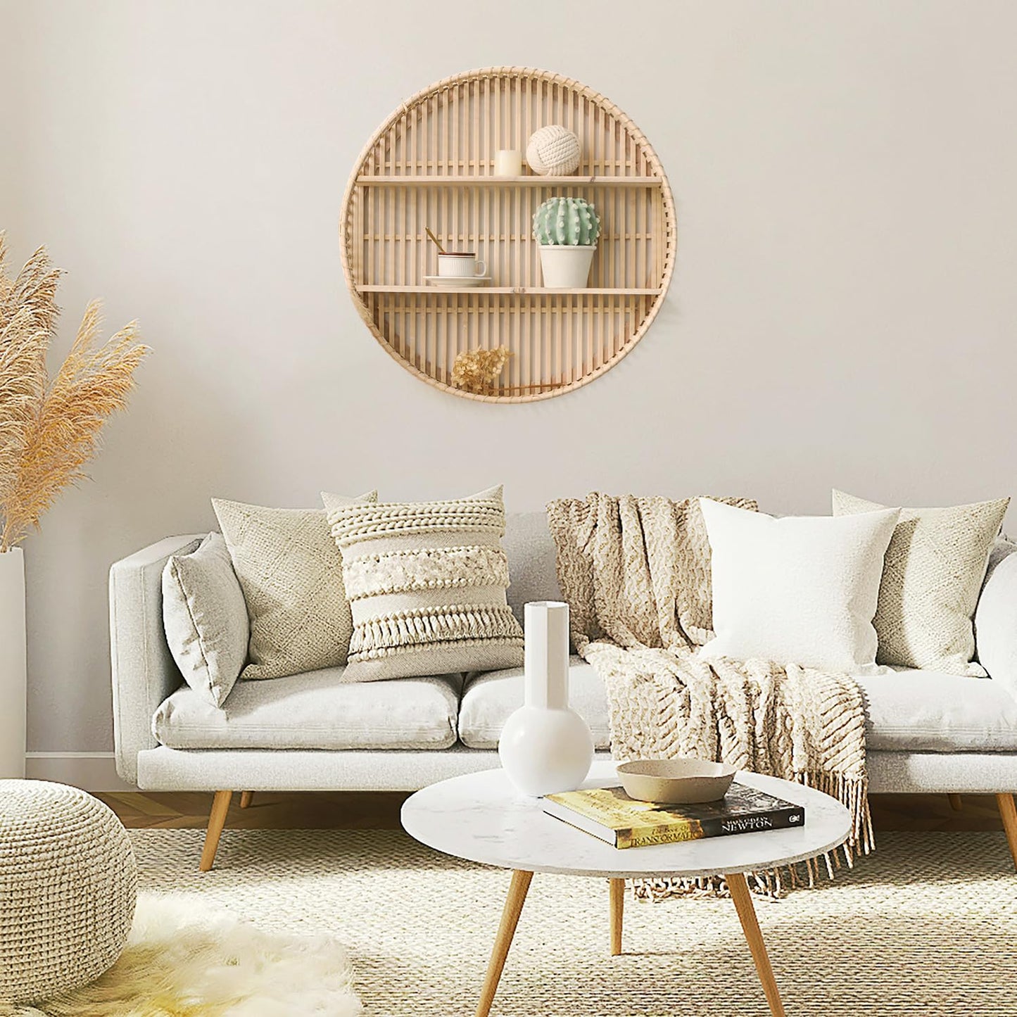Synovana Rattan Wall Shelf 3 Tier Boho Wall Mounted Shelf Farmhouse Handcraft Round Floating Shelf Display Rack Storage Circular Hanging Shelf for Livingroom Home Decor