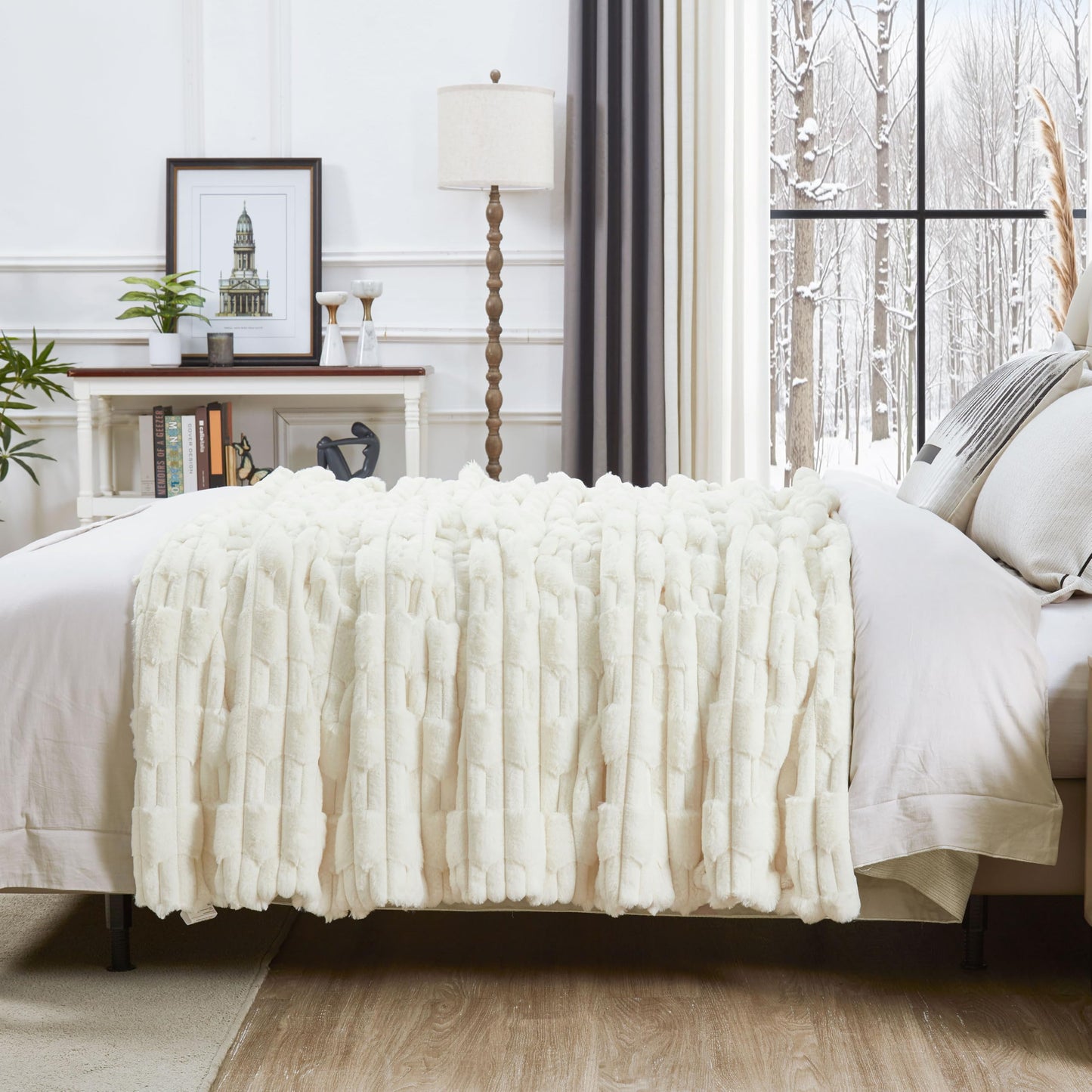 JONIYEAR Extra Large Soft Fluffy Striped Faux Fur Blanket Queen Size 80" x 90", Decorative 3D Geometric Big Warm Fuzzy Fur Blankets for Winter, Reversible Thick Cozy Furry Blanket for Bed, Cream White
