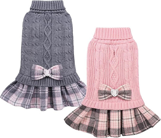 YUDODO 2 Pack Small Dog Sweater Dress with Bowtie Turtleneck - Knitted Pet Girl Dog Winter Clothes - Pet Warm Sweater for Puppy Yorkies, Chihuahua (XL Grey+Pink)