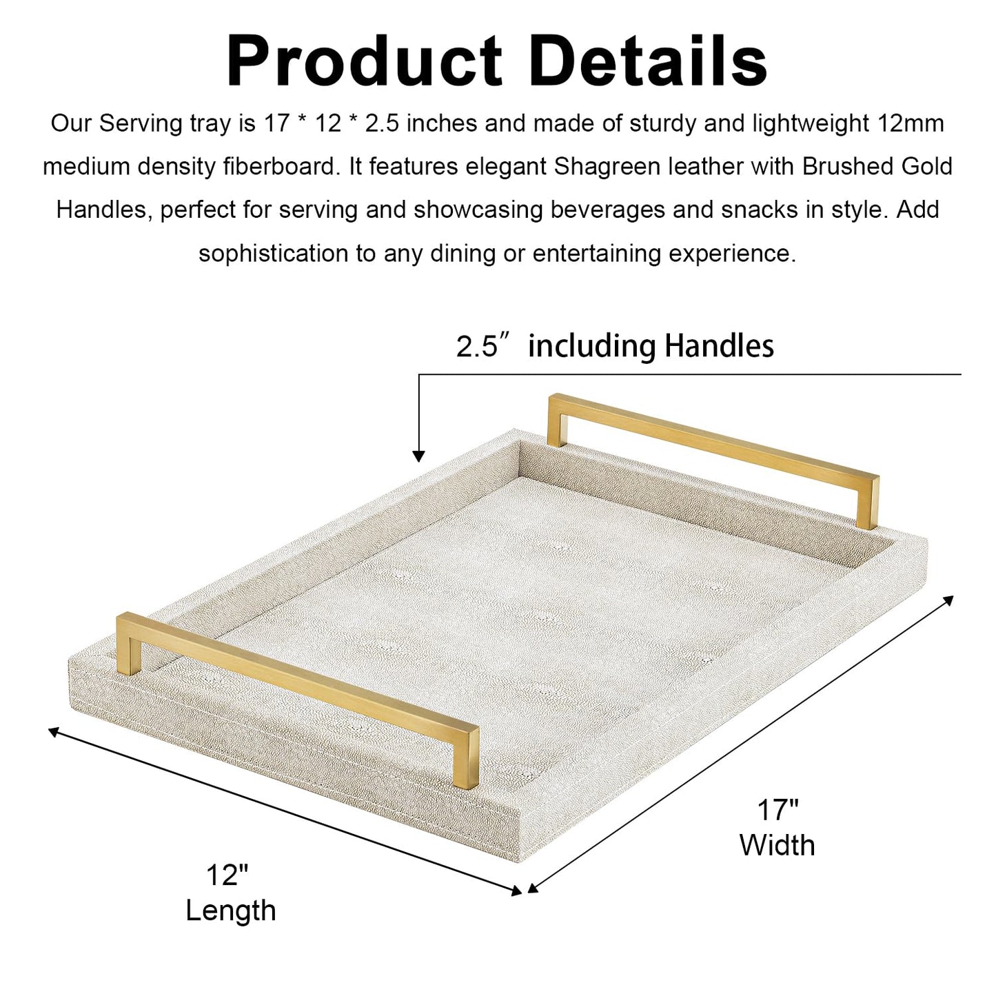 XIGEXIGE Ivory Shagreen Decorative Tray Large Rectangle Coffee Table Tray for Ottoman Faux Leather Serving Tray with Brushed Gold Handles