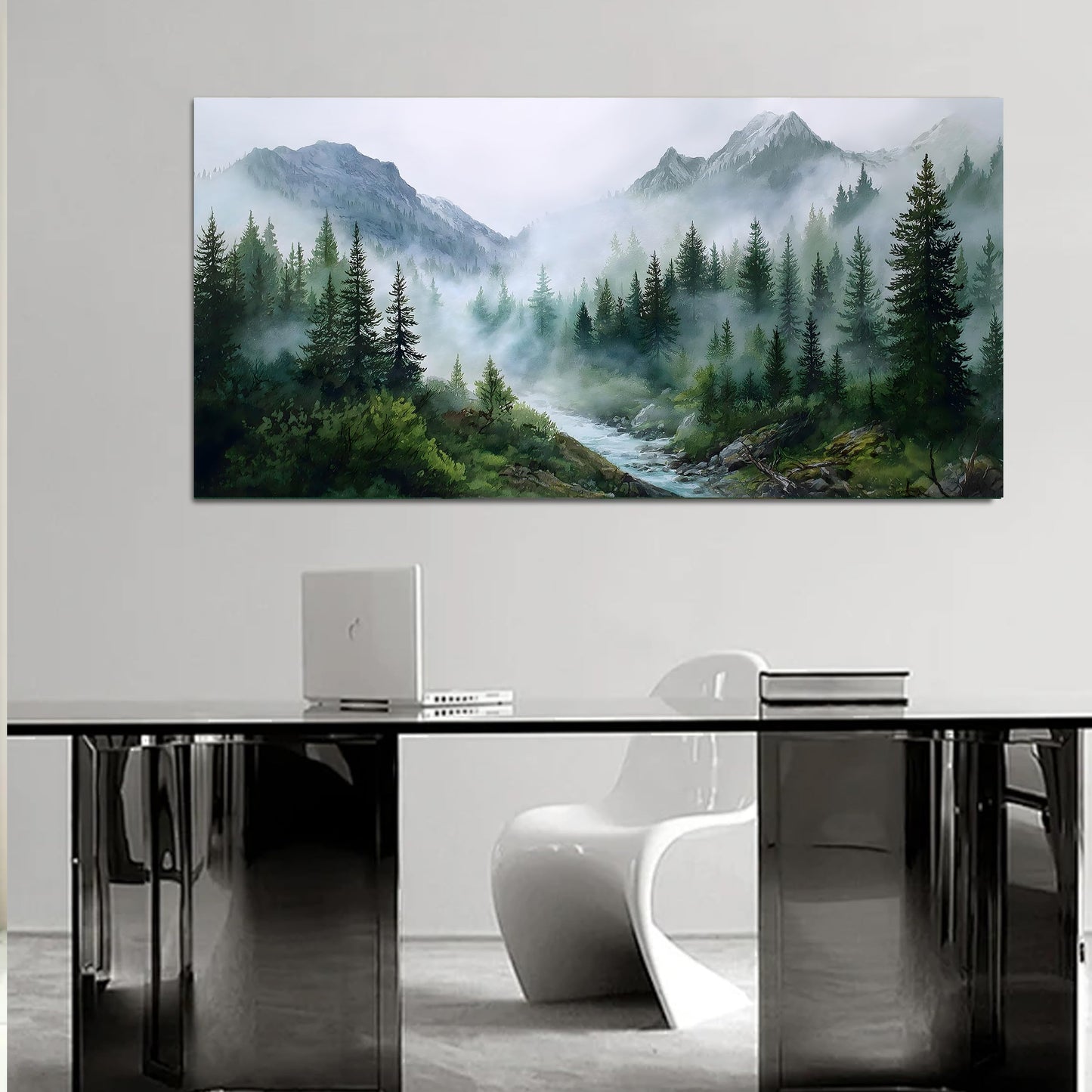 Trogonup Large Misty Forest Wall Art for Living Room Green Mountain Landscape Canvas Prints with Trees and River Modern Nature Artwork for Bedroom Office Home Decor 20"x40"