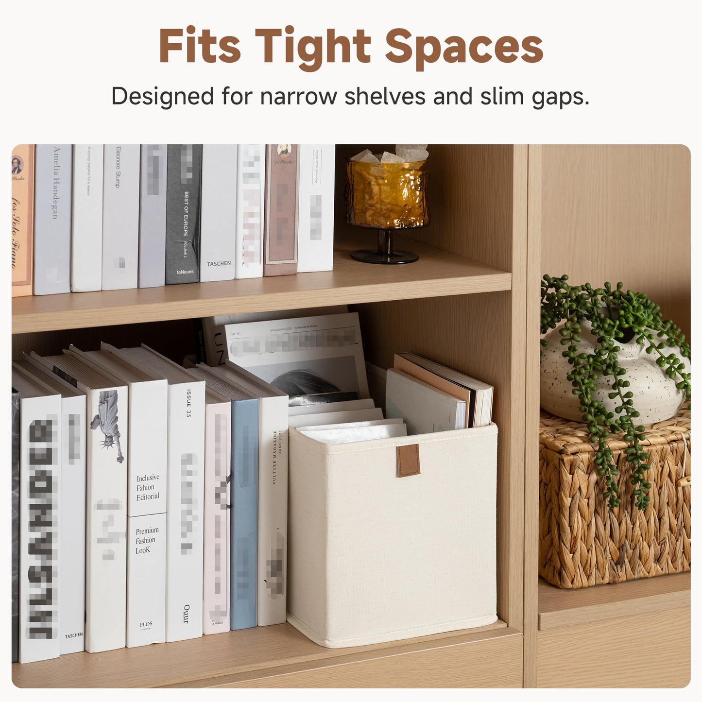StorageWorks Small Storage Bins, Fabric Storage Bins, Narrow Baskets for Shelves with PU Handle, Perfect for Clothes, Towels, and Light Blankets, Beige, 4-Pack