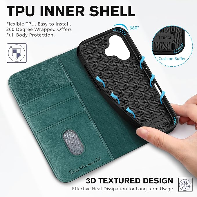 TUCCH Wallet Case for iPhone 17 (6.3-Inch) 2025, 3 Credit Card Slot | RFID Blocking | Stand | PU Leather | Shockproof TPU Interior Shell | Protective Flip Folio Cover | Teal Blue