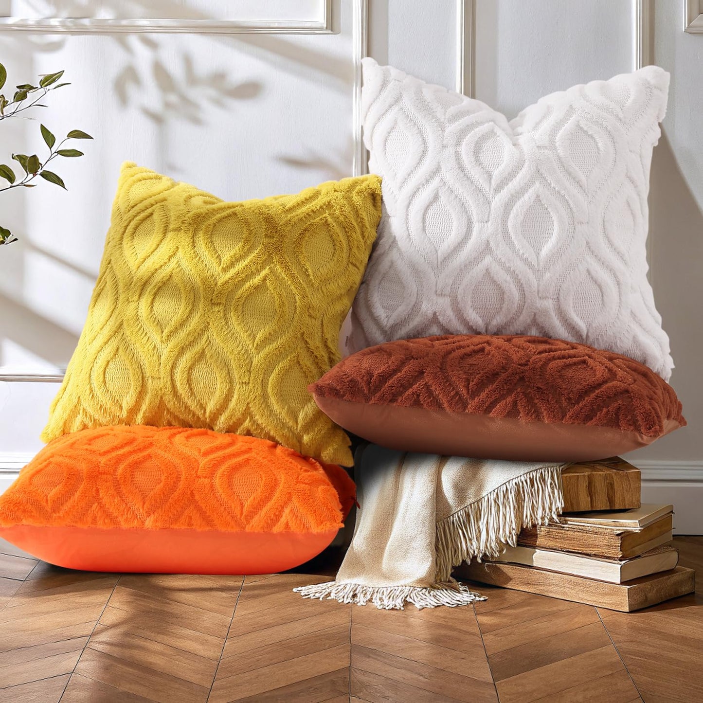 decorUhome Throw Pillow Covers 12x20 Inch Set of 2, Soft Plush Faux Wool Mustard Yellow Solid Couch Pillow Covers, Accent Farmhouse Neutral Rectangle Pillow Cases for Sofa Bed Living Room