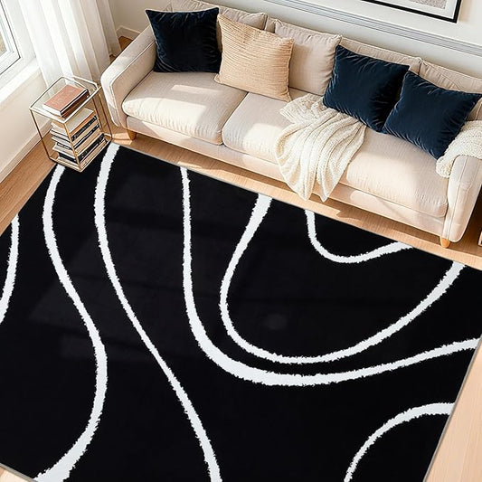 YIHOUSE Abstract Washable Rug 8x10,Ultra Thin Non Slip Black Rugs for Living Room,Modern Minimalist White Stripe Rugs for Bedroom,Dining Room Office Playroom (8'x10',Black-2)