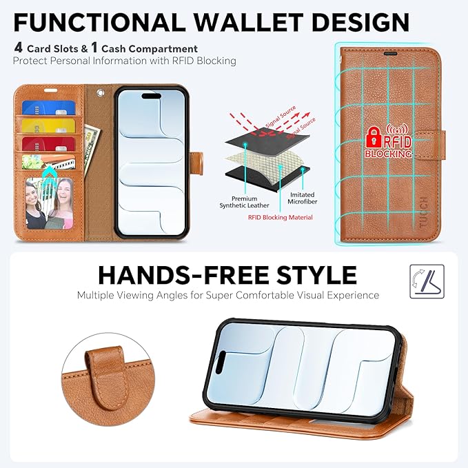 TUCCH Detachable Case Wallet for iPhone Air (6.5") 2025, Wrist Strap | 4 Card Slots RFID Blocking | Wireless Charging | Stand | 2-in-1 Magnetic | PU Leather | Shockproof Folio Cover | Light Brown
