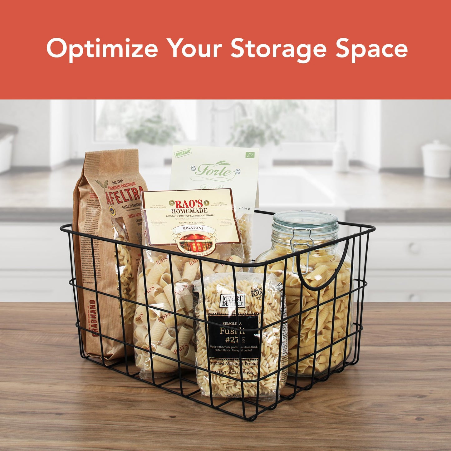 Spectrum Large Wire Basket with Handle Black Metal Utility Storage Bin for Organizing Kitchen Pantry Cabinets Closet and Garage Shelves, Steel Metal Basket Storage Organizer Bin with Handle