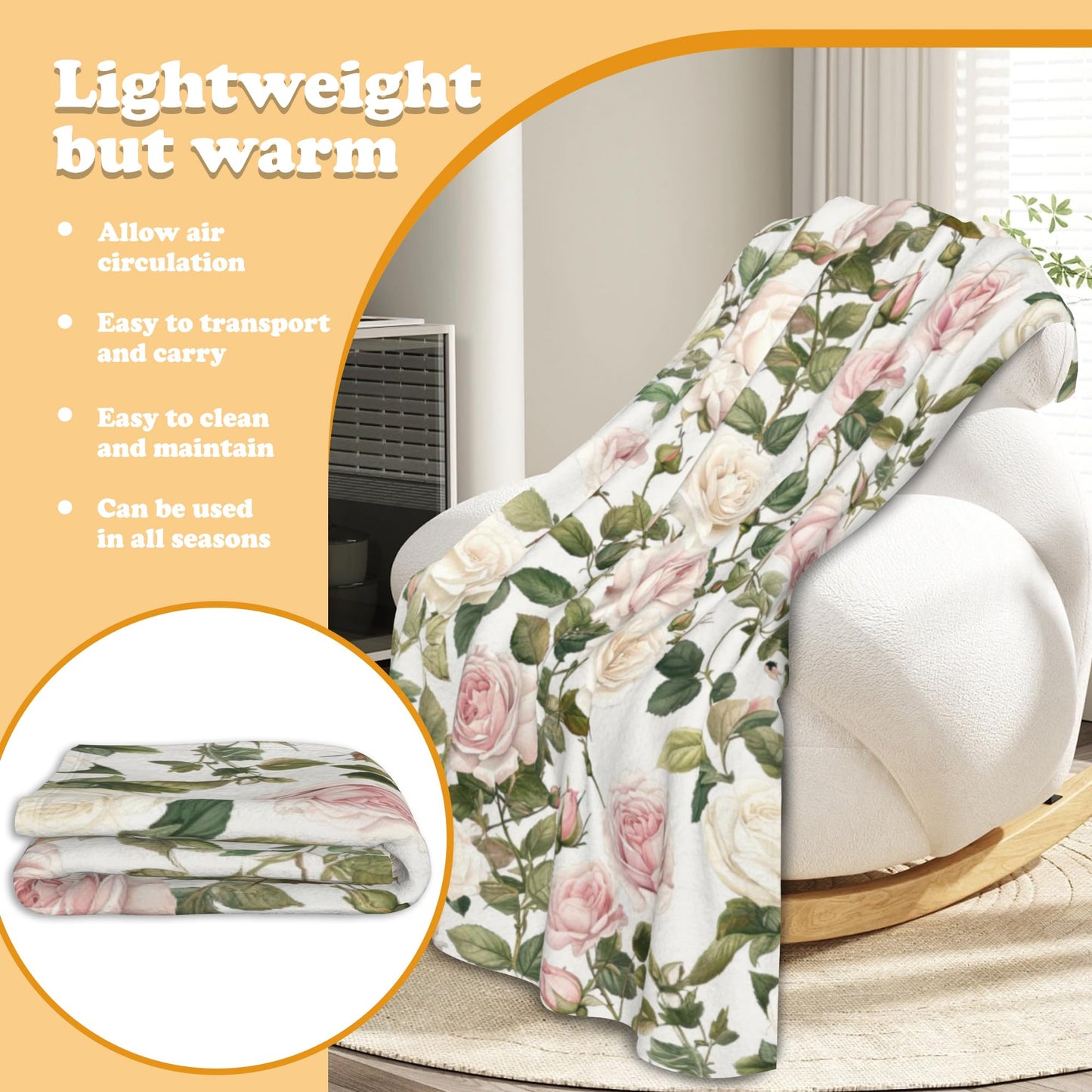 DKODKO Pink Cream Roses Throw Blanket Spring Summer Lightweight Flannel Bedding Blanket,Washable Fleece Throw Botanical Floral Blanket Cozy Blankets for Bed, Couch, Sofa, Camping,60''x 50''