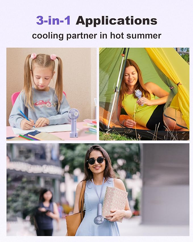 Coohea Mini Handheld Fan, Small Cute Design, 3 Powerful Speeds, USB Rechargeable Battery Operated, Portable Personal Fan with Base & Lanyard, for Eyelash Makeup Travel Beach Office Desk, Purple