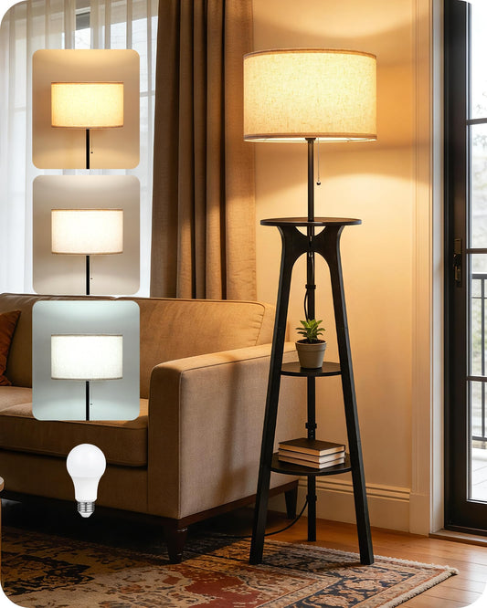 GOEBLESON 3 Tier Shelf Floor Lamps, Wood Tripod Floor Lamp, Large Linen Lampshade, 3 Color Temperature LED Bulb Included, Modern Shelf Floor Lamp for Living Room Bedroom Beige and Black BE25LD05
