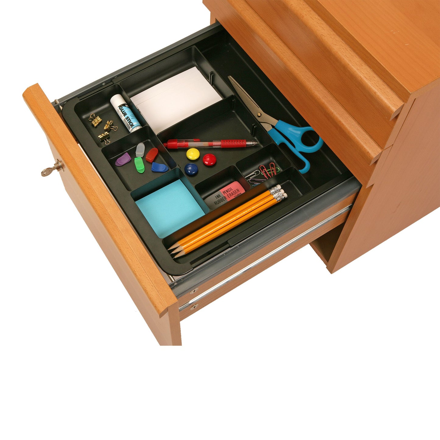 Officemate Expandable Drawer Organizer Tray, Adjustable 10.3"–16" Width, Customizable Compartments with Dividers, Recycled Plastic, Black